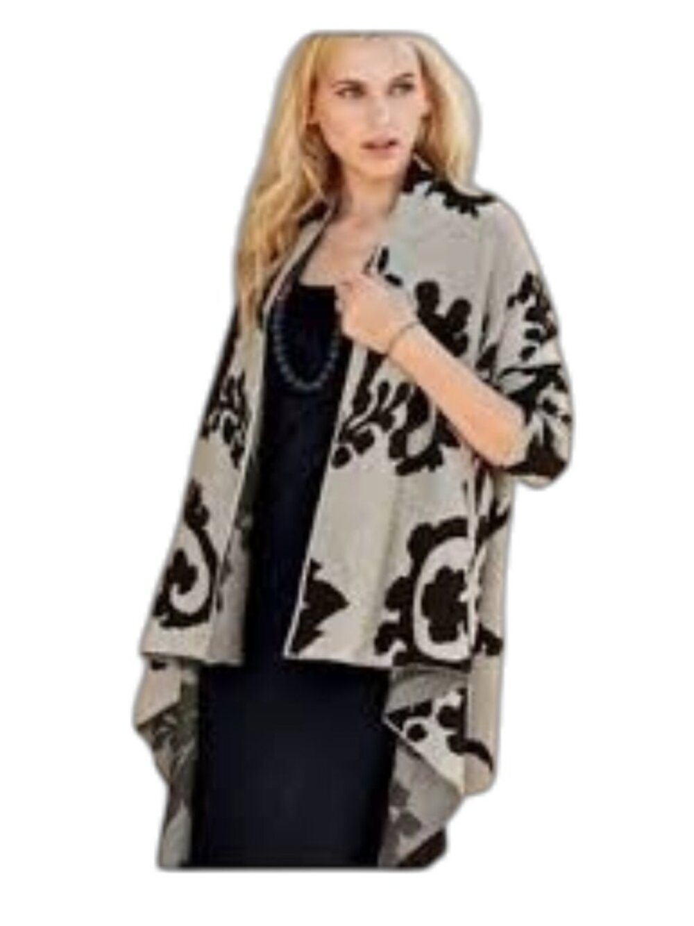Peruvian Connection Pima Cotton Floral Open Front Cardigan Taupe Black Size S
